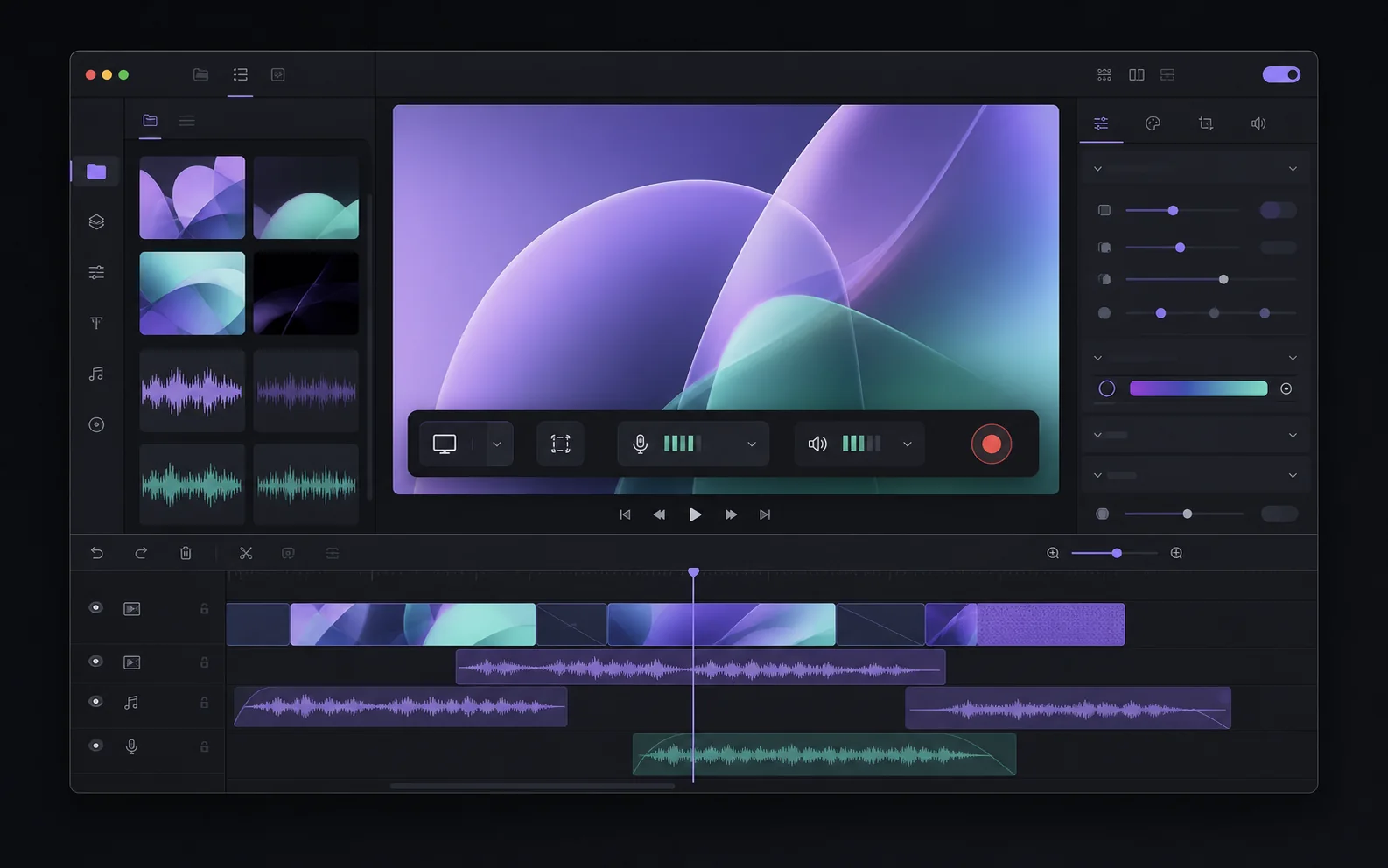 Интерфейс записи и монтажа на macOS с панелью захвата, медиатекой и несколькими звуковыми дорожками