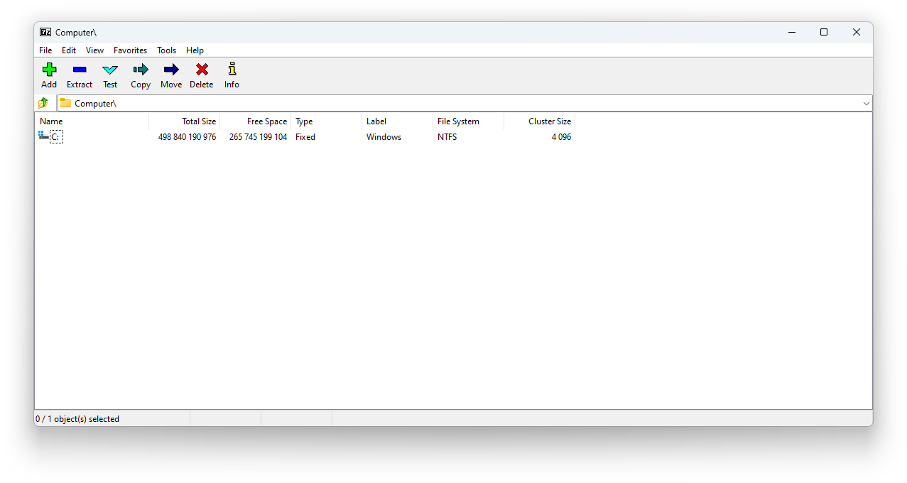 Окно 7-Zip File Manager версии 22.01 в Windows 11 с меню и панелью Add, Extract, Test, Copy, Move, Delete, Info