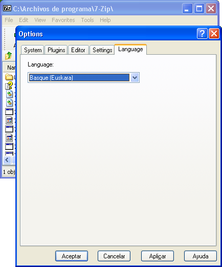 Историческое окно 7-Zip Options с вкладкой Language и списком языков