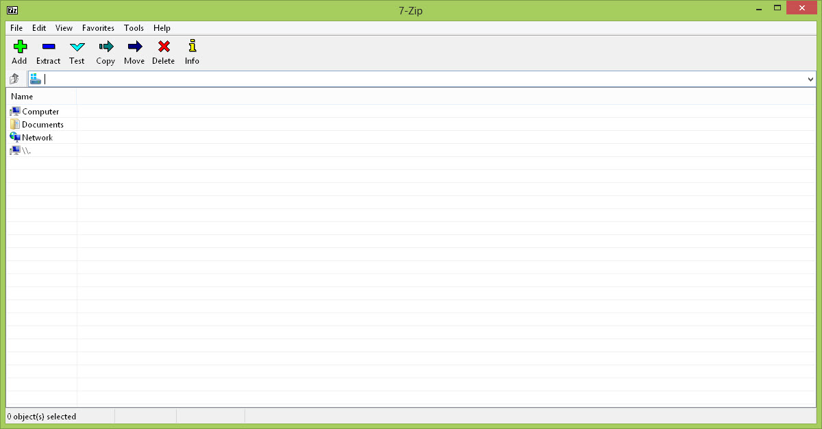 7-Zip File Manager с меню File Edit View Favorites Tools Help и кнопками Add Extract Test Copy Move Delete Info
