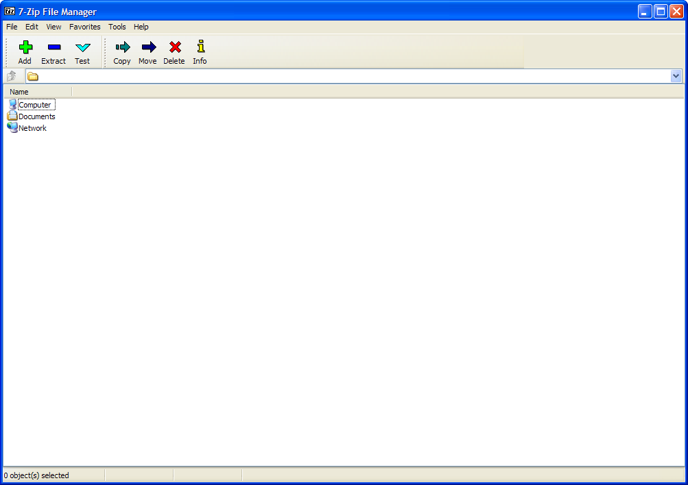 Окно 7-Zip File Manager с файловой таблицей и основной панелью операций