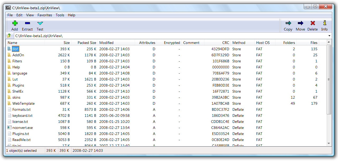 Исторический 7-Zip File Manager с открытым ZIP и колонками Size Packed Modified CRC Method