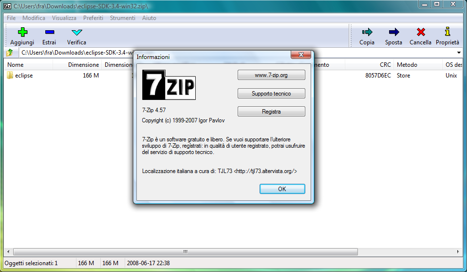 Исторический интерфейс 7-Zip 4.57 на итальянском языке в Windows