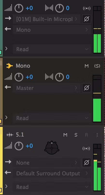 Заголовки дорожек Adobe Audition с входами, выходами и индикаторами уровня