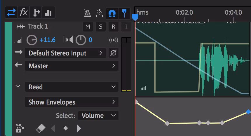 Дорожка Adobe Audition с огибающей громкости и ключевыми точками