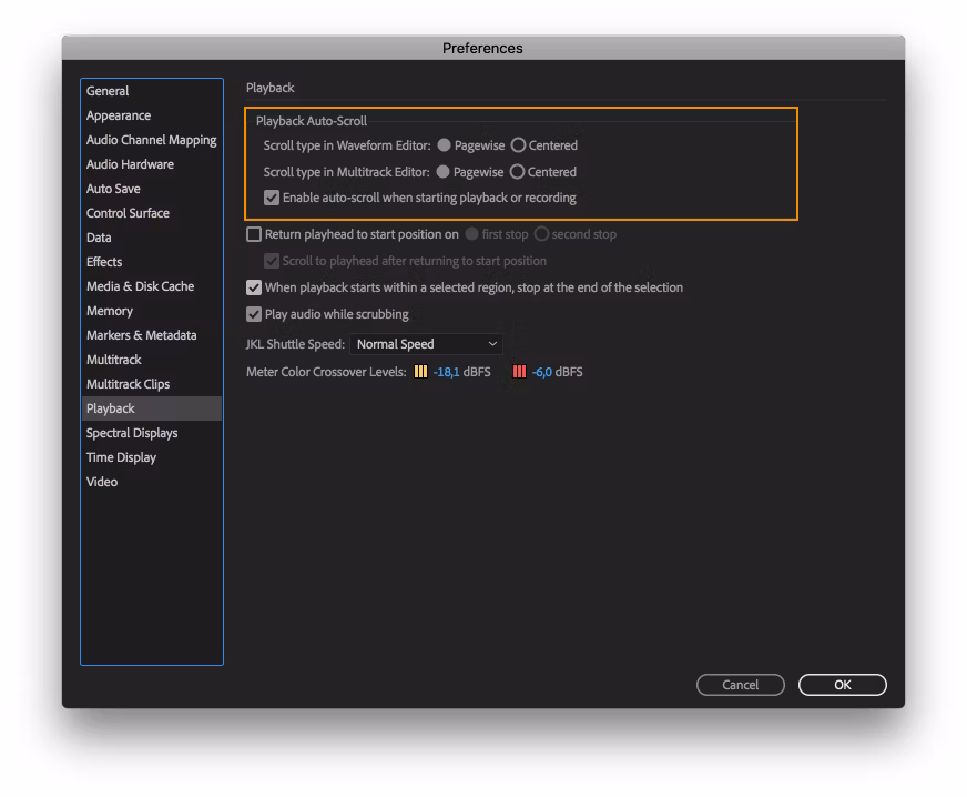 Preferences Adobe Audition с параметрами Playback Auto-Scroll