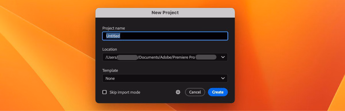 Окно New Project в Adobe Premiere с настройками имени, расположения и импорта