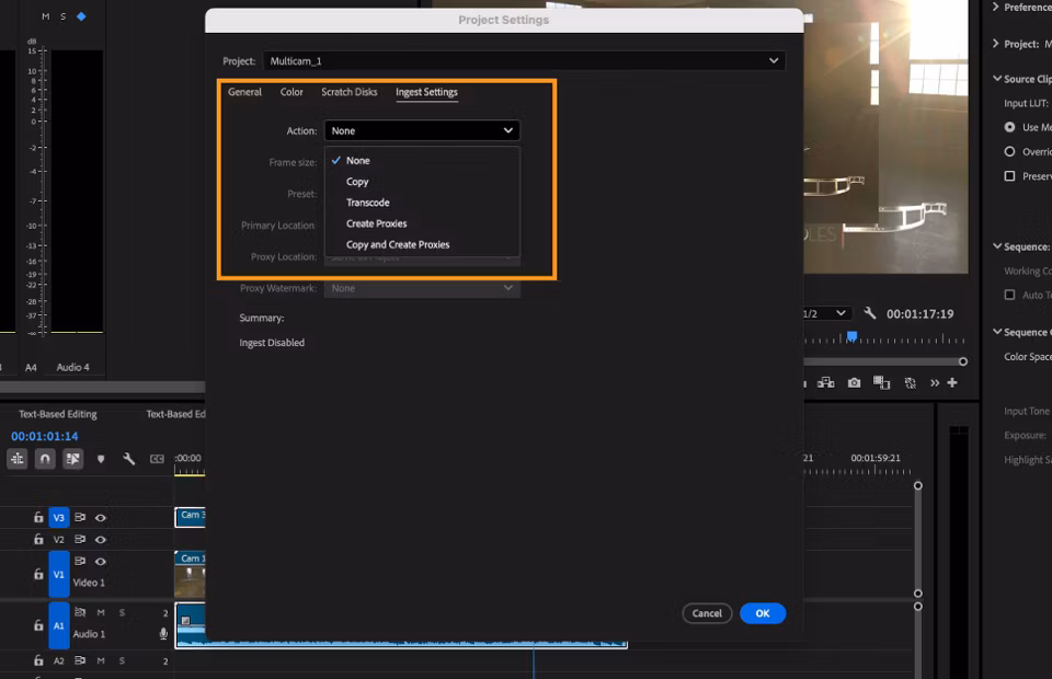 Окно Ingest Settings в Adobe Premiere с режимами копирования, транскодирования и создания прокси