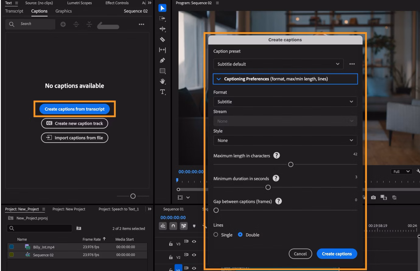 Диалог Create Captions в Adobe Premiere с параметрами разбиения субтитров