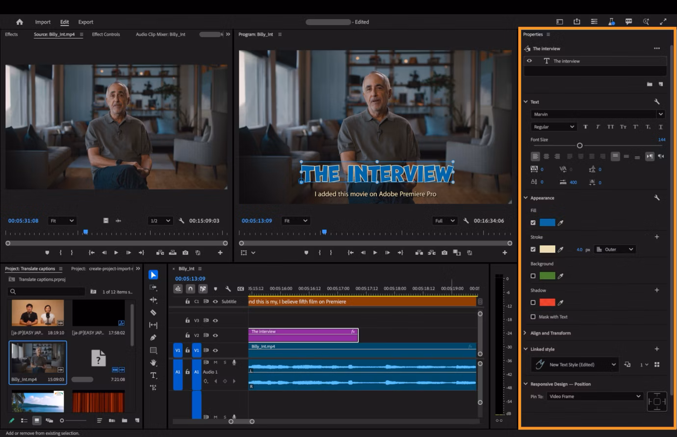 Редактирование текстового графического объекта Adobe Premiere в Program Monitor и Properties