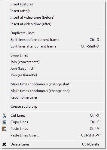 Контекстное меню subtitle grid Aegisub с командами Insert, Duplicate Lines, Split, Join и Recombine Lines