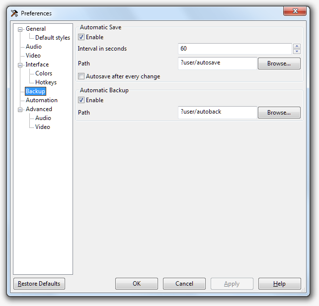 Раздел Backup в Aegisub Options с настройками Automatic Save и Automatic Backup