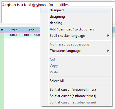 Контекстное меню edit box Aegisub с вариантами Split at cursor