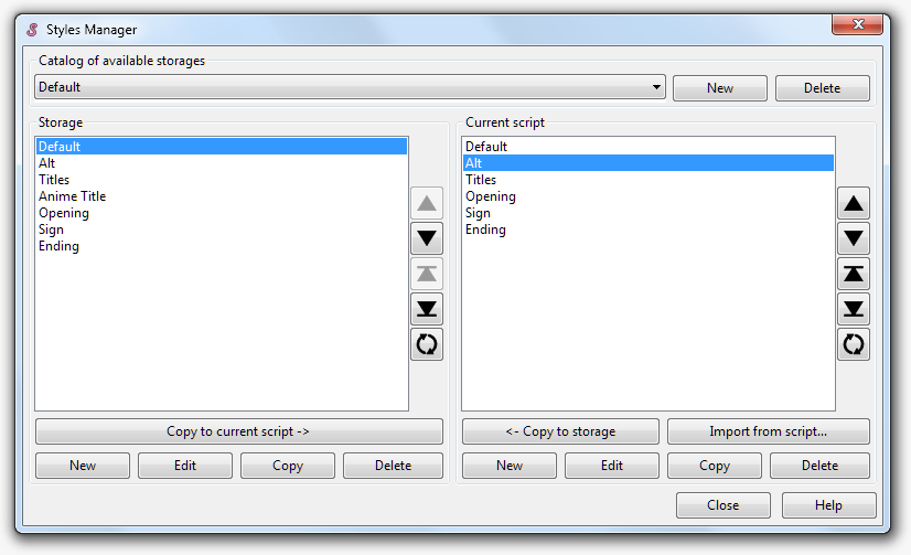 Styles Manager Aegisub с областями Storage и Current script
