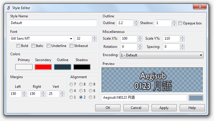 Style Editor Aegisub с настройками Font, Colors, Outline, Scale, Margins и Alignment