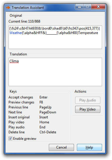 Окно Translation Assistant Aegisub с полями Original и Translation и списком клавиш