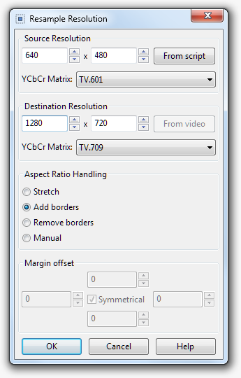 Resolution Resampler Aegisub с Source Resolution, Destination Resolution, YCbCr Matrix и Aspect Ratio Handling
