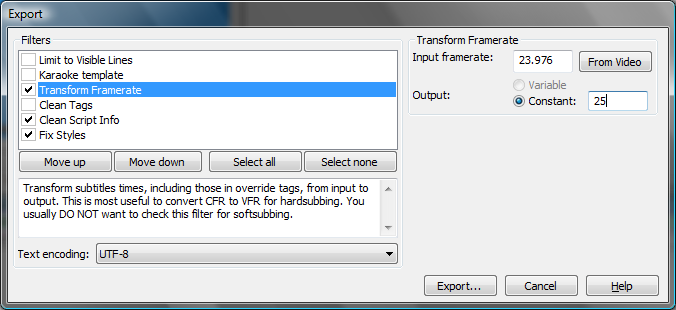 Export dialog Aegisub со списком filters и выбором Text encoding