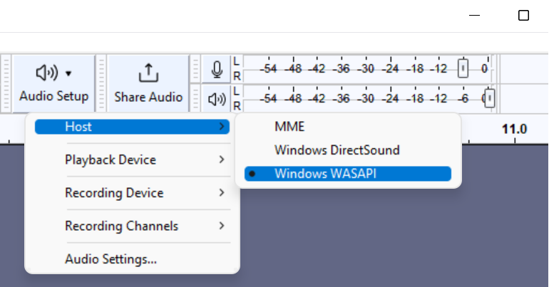 Меню Audio Setup с выбором Host и Windows WASAPI