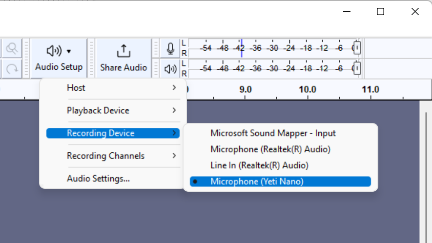 Меню Audio Setup с выбором Recording Device в Audacity