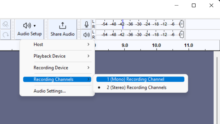 Выбор 1 Mono или 2 Stereo Recording Channels в Audacity