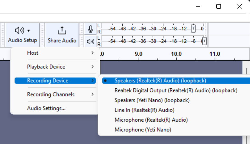 Выбор устройства Recording Device с пометкой loopback в Audacity