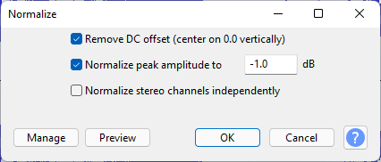 Диалог Normalize Audacity с Remove DC offset и пиковым уровнем -1 dB