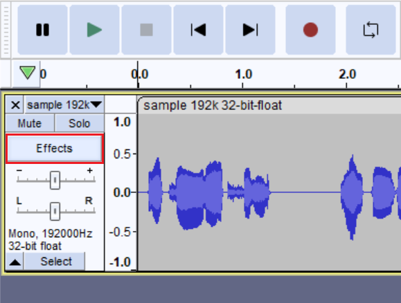 Кнопка Effects на панели дорожки Audacity