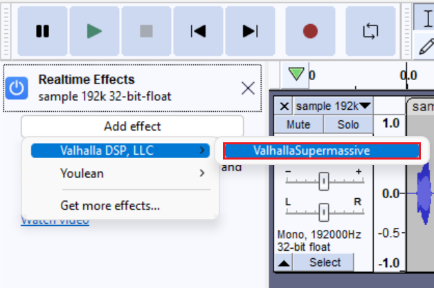 Панель Realtime Effects Audacity с выбором эффекта