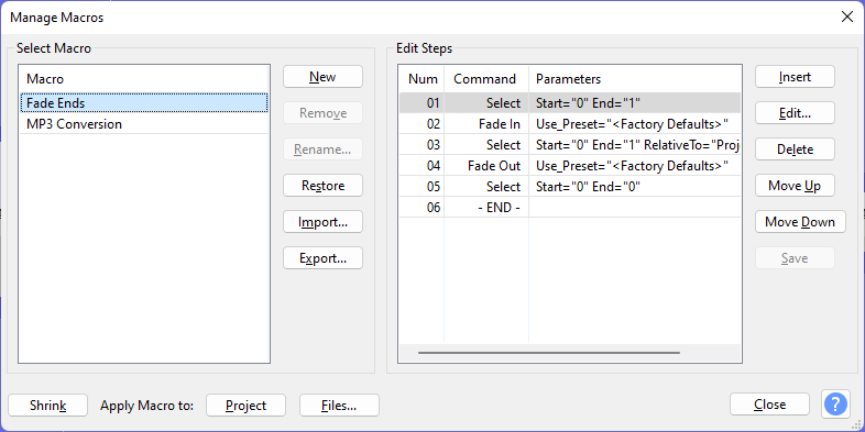Окно Manage Macros Audacity со списком шагов