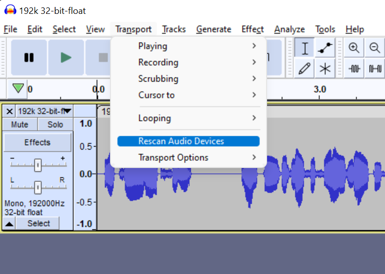 Команда Transport > Rescan Audio Devices в Audacity