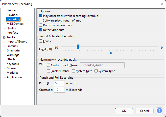 Раздел Preferences: Recording в Audacity
