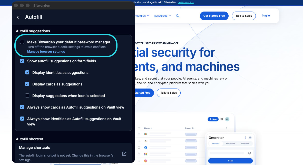 Настройка Make Bitwarden your default password manager в разделе Autofill браузерного расширения