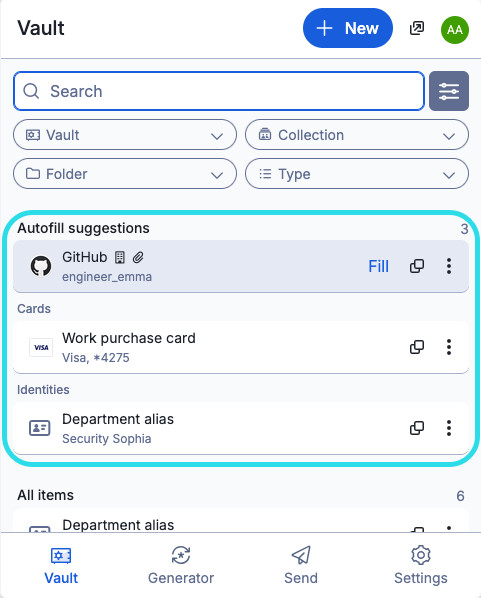 Блок Autofill suggestions в расширении Bitwarden с подходящей записью для текущего сайта