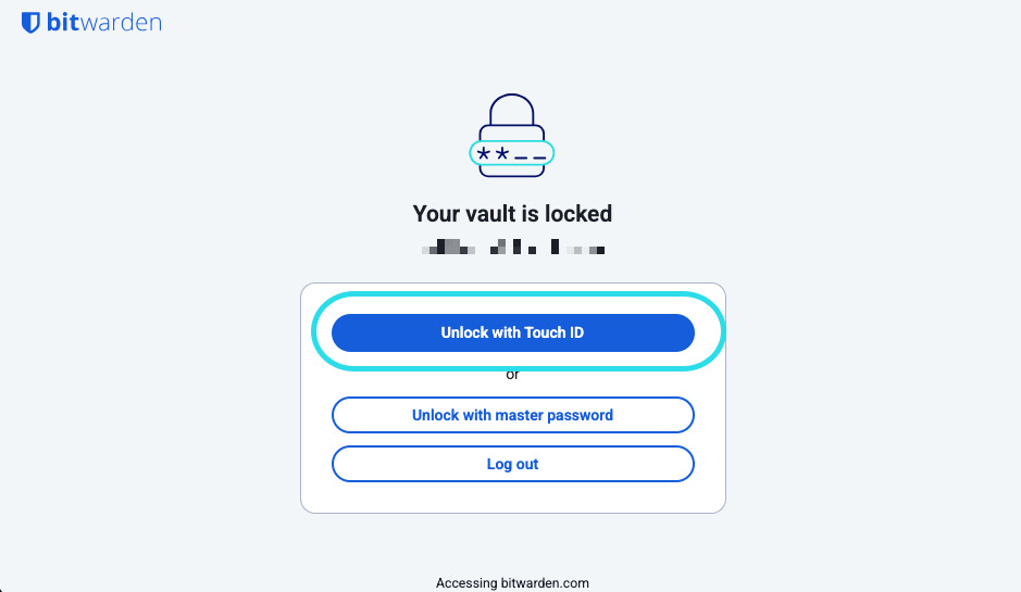 Экран заблокированного Bitwarden на macOS с вариантом Unlock with Touch ID