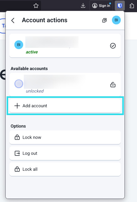 Меню Account actions в расширении Bitwarden с командой Add account