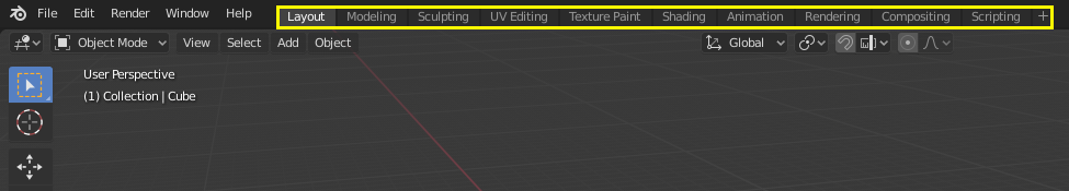 Верхняя панель Blender 5.2 с вкладками рабочих пространств Layout, Modeling, Sculpting, UV Editing, Shading, Animation и другими
