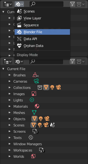 Outliner Blender в режиме Blender File со списком data-block типов Scenes, Collections, Images, Materials, Meshes и других