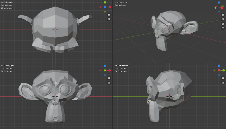 Quad View Blender с видами сверху, спереди, справа и перспективным видом модели Suzanne