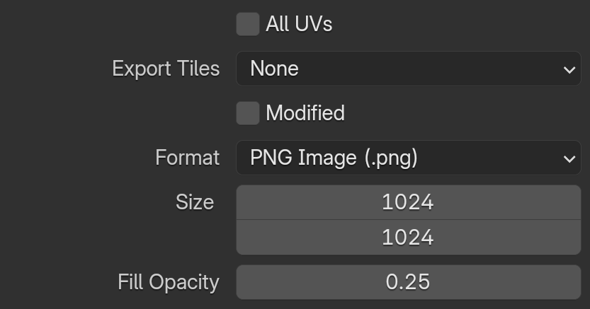 Панель Export UV Layout Blender с параметрами All UVs, Modified, Format, Size и Fill Opacity