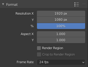 Панель Format в Output Properties Blender с Resolution X, Y, Percentage, Pixel Aspect и Frame Rate