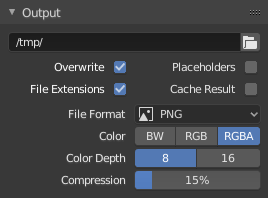 Панель Output Blender с путём сохранения, Overwrite, File Extensions и форматом PNG