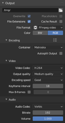 Панель Encoding Blender для FFmpeg video с выбором Container, Video Codec, Output quality и Audio Codec