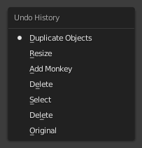 Меню Undo History Blender со списком последних операций для возврата к выбранному состоянию