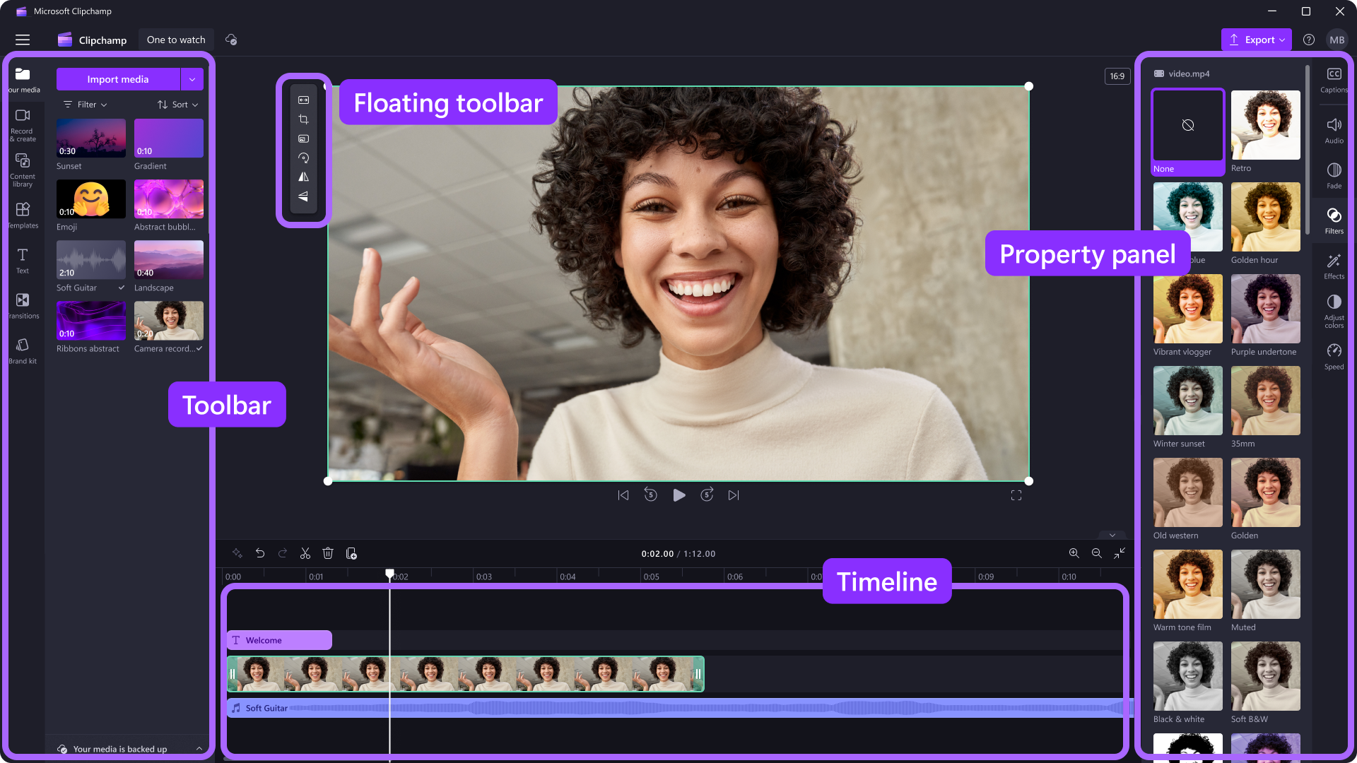 Рабочая область Clipchamp с проектом видео