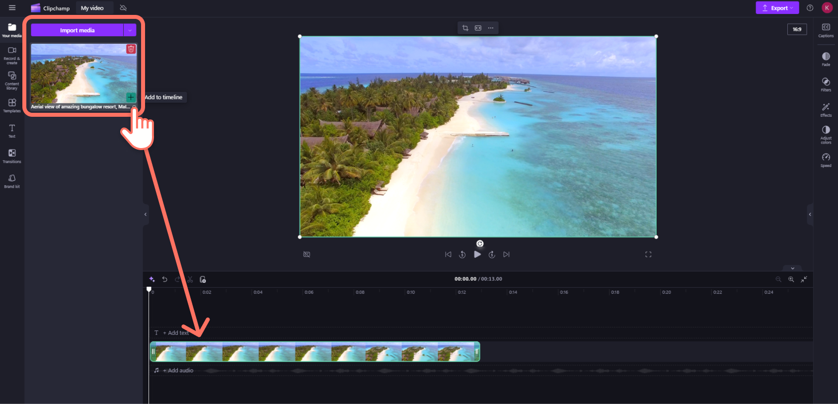 Клип из My media добавляется на Timeline в Clipchamp