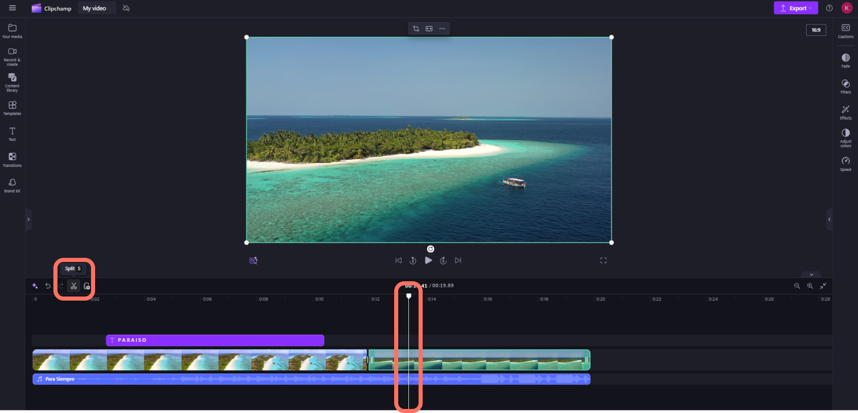 Seeker на Timeline Clipchamp и выделенная кнопка Split