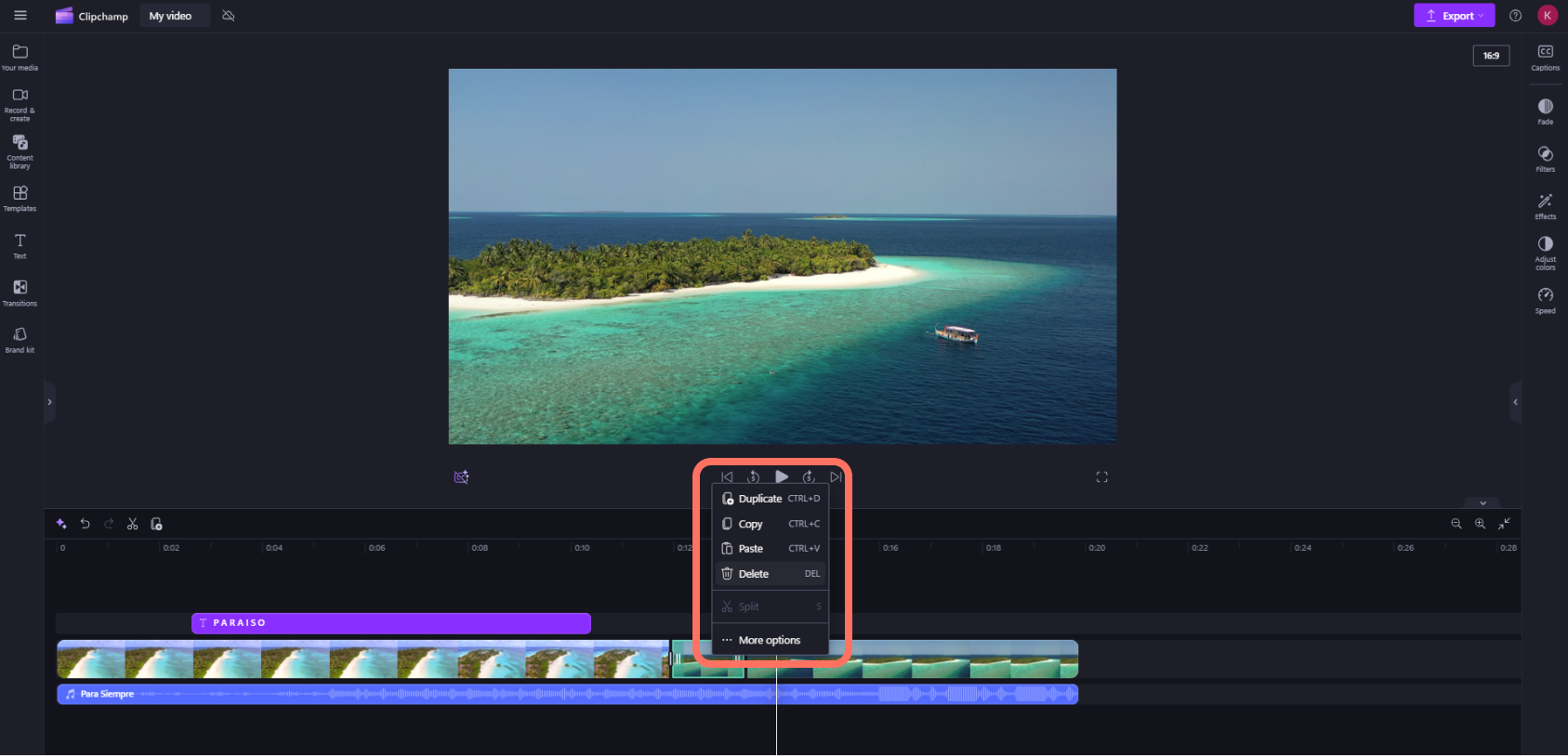 Контекстное меню клипа Clipchamp с командой Delete