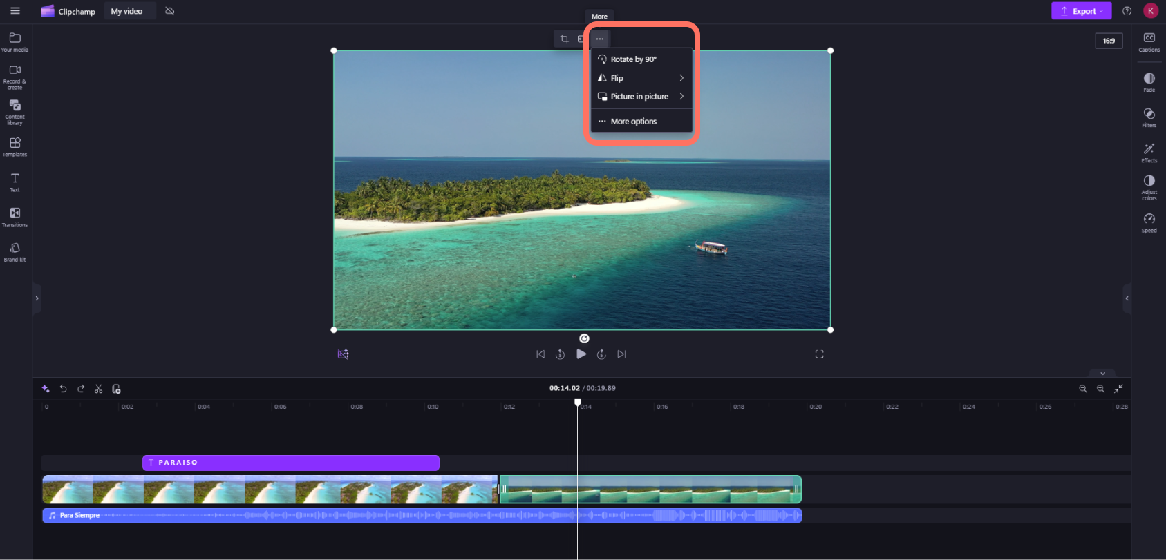 Floating toolbar Clipchamp с меню Rotate, Flip и Picture in picture