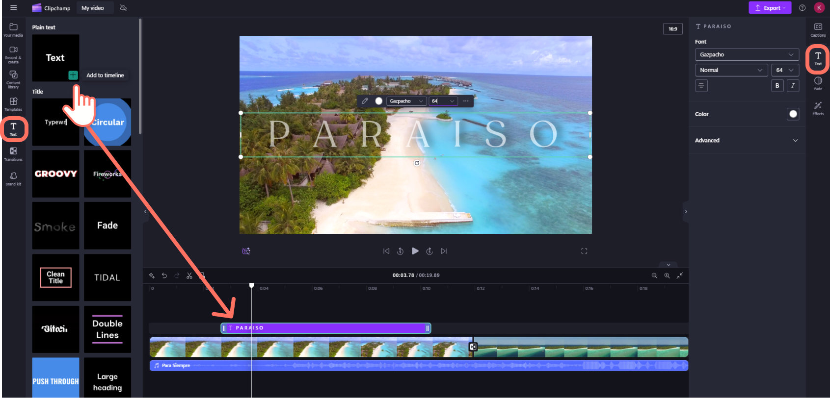Вкладка Text в Clipchamp и текстовый объект PARAISO на Timeline